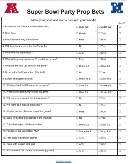 Printable Super Bowl prop bets contest .